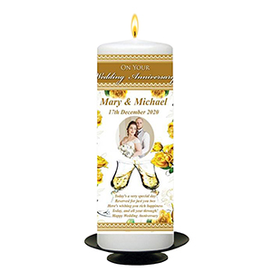 Customised Wedding Anniversary Candle Gift - Family Crest Anniversary Gold Script & Photo
